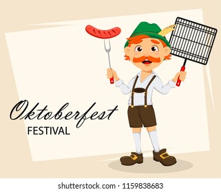 Oktoberfest, beer festival. Funny redhead man, cartoon character holding grilled sausage on fork and grid. Vector illustration on abstract background