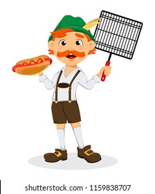 Oktoberfest, beer festival. Funny redhead man, cartoon character holding hot dog and grid. Vector illustration on white background