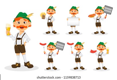 Oktoberfest, beer festival. Funny redhead man, cartoon character, set of seven poses. Vector illustration on white background