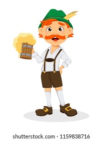 Oktoberfest, beer festival. Funny redhead man, cartoon character holding a pint of beer. Vector illustration on white background