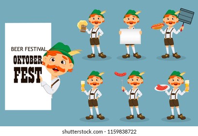 Oktoberfest, beer festival. Funny redhead man, cartoon character, set of seven poses. Vector illustration