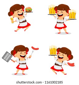Oktoberfest, beer festival. Funny woman, cartoon character, set of four poses. Vector illustration on white background.