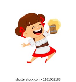 Oktoberfest, beer festival. Funny woman, cheerful cartoon character holding a pint of beer. Vector illustration on white background.