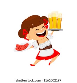 Oktoberfest, beer festival. Funny woman, cheerful cartoon character holding three glasses of beer on tray and grilled sausages. Vector illustration on white background.