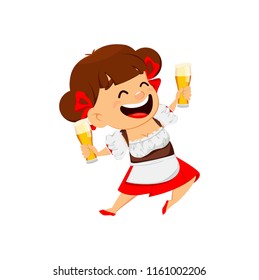 Oktoberfest, beer festival. Funny woman, cheerful cartoon character holding two glasses of beer. Vector illustration on white background.