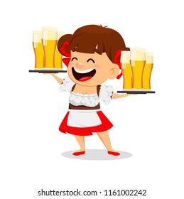 Oktoberfest, beer festival. Funny woman, cheerful cartoon character holding two trays with beer. Vector illustration on white background.