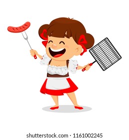 Oktoberfest, beer festival. Funny woman, cheerful cartoon character holding grilled sausage on fork and grid. Vector illustration on white background.