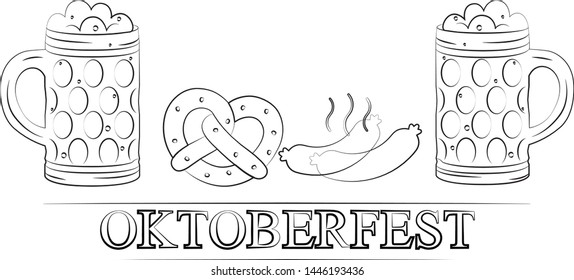 Oktoberfest. Beer festival. A German celebration of beer and brewing. A set of foamy beer steins. Bavarian sausages and pretzels. Bavarian pretzel with salt.