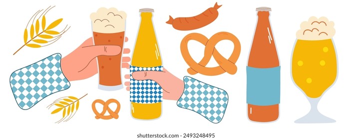 Oktoberfest, Beer Festival. German Traditional holiday. Craft Beer. Set of colorful elements. Vector