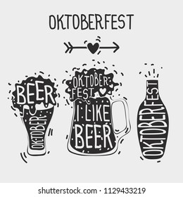 Oktoberfest beer festival. Glass, bottle  and mug with beer on grey background. Alcohol. Set of hand draw icons.