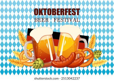 Oktoberfest beer festival. Beer glasses, pretzels, sausages on a background of blue and white rhombuses. Vector illustration.