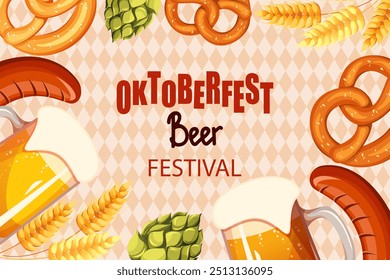 Oktoberfest beer festival. Beer glasses, pretzels, sausages on a background of rhombuses. Vector illustration.