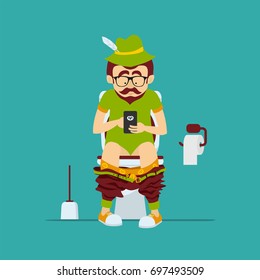 Oktoberfest beer festival greeting card. Hipster man  in traditional bavarian costume sits on toilet bowl with phone in hands. 