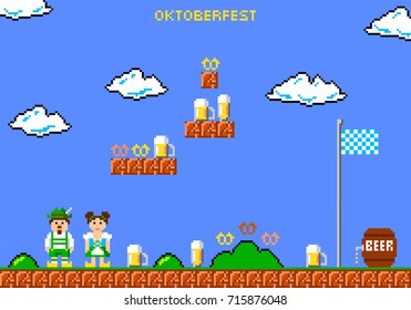 Oktoberfest beer festival greeting card. Man and woman in traditional bavarian costume in style of eight-bit game. Inscription Oktoberfest.  Vector illustration 