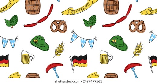 Oktoberfest beer festival hand drawn doodle set doodle seamless patter. Germany icon doodle set. Cartoon minimalistic elements for prints, wrapping paper, fabric, etc.