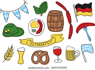 Conjunto de Elementos de doodle dibujados a mano del festival de la cerveza Oktoberfest. Doodle con iconos de Alemania. Elementos minimalistas de dibujos animados para pegatinas, impresiones, iconos, arte Clip, decoración de postal, sublimación, etiquetas.