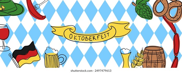 Oktoberfest beer festival hand drawn banner in Bavarian blue rhombic with doodle set with icons of Germany. Cartoon minimalistic elements for background, website, ads.