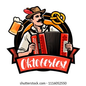 Oktoberfest, beer festival. Happy man playing the accordion. Cartoon vector illustration