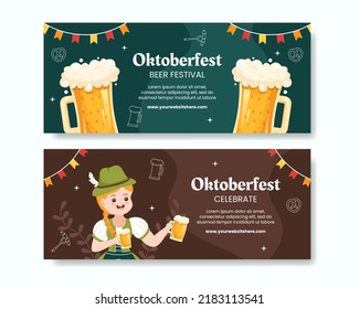 Oktoberfest Beer Festival Horizontal Banner Template Cartoon Background Vector Illustration