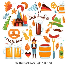 Festival de cerveza Oktoberfest colección de íconos con comida tradicional, bocadillos, disfraces y bebidas ilustraciones vectoriales. Castillo medieval, salchicha, pinta de langosta artesanal, botella y barril, hojas de otoño puestas