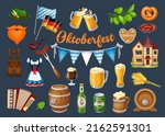 Oktoberfest Beer Festival icons set. Lederhosen, gingerbread, accordion, beer, grilled sausage on fork, smoking pipe and ets. Vector illustration.
