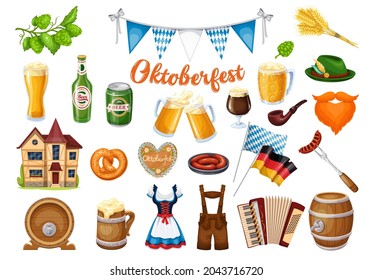 Oktoberfest Beer Festival icons set. Accordion, beer, grilled sausage on fork, smoking pipe and ets. Vector illustration.