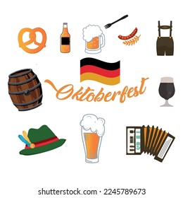 Oktoberfest Beer Festival icons set. Lederhosen, gingerbread, accordion, beer, grilled sausage on fork, smoking pipe and et al. Vector illustration.