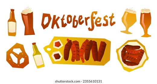 Iconos del Festival de Cervezas Oktoberfest. Lederhosen, pan de jengibre, acordeón, cerveza, salchichas a la parrilla. Ilustración vectorial.