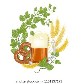 Oktoberfest beer festival. Illustration or poster for the holiday. Stock vector. A large mug of beer. Ripe barley. Sprig of green bumblebee.