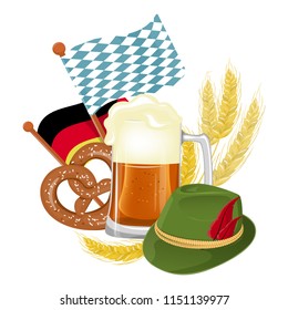 Oktoberfest beer festival. Illustration or poster for the holiday. Stock vector. A large mug of beer. Hot dog. National flag of the country. Green hat.