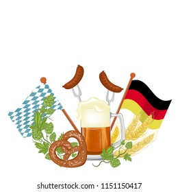 Oktoberfest beer festival. Illustration or poster for the holiday. Stock vector. A large mug of beer. Two flags. Green bumblebee and ripe face.