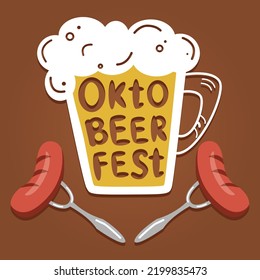 Oktoberfest Beer Festival. Illustration or poster for a holiday. Glass of beer and sausages hand-drawn. Vector illustration. Glass of beer in cartoon style