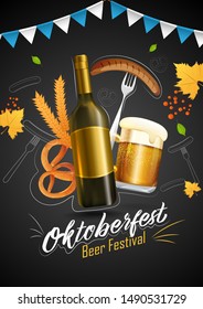 Oktoberfest Beer festival invitation card design with illustration of wine bottle, drink glass, sausage fork, pretzel and wheat on black background.