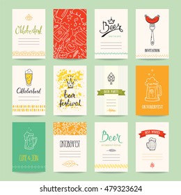 Oktoberfest beer festival invitation, greeting card, flyer, banner, poster templates. Hand drawn traditional symbols, design elements, handwritten ink lettering. Colorful autumn vector collection.