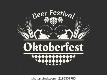 Oktoberfest, beer festival label, logo or badge with beer mug, wheat and malt. Octoberfest emblem. Bavarian brewery fest badge with clinking mugs. Vector illustration.