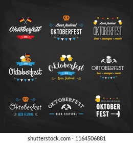 Oktoberfest beer festival lettering typography set celebration retro typographic design templates labels, badges and logos. Colorful poster. Composition with pretzels, beer, sausage and flag