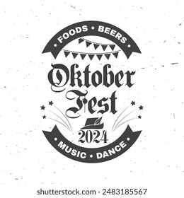 Oktoberfest, logo del festival de la cerveza o diseño de insignia. Vector. Insignias del festival de octubre con sombrero tradicional alemán, fuegos artificiales y banderas.