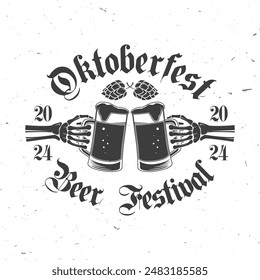 Oktoberfest, logo del festival de la cerveza o diseño de insignia. Vector. Insignias del festival de octubre con manos de esqueleto sosteniendo taza de cerveza y malta.