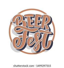 Oktoberfest beer festival logo or banner design. Holiday decoration and funny lettering print. Concept autumn advertising. Vector illustration