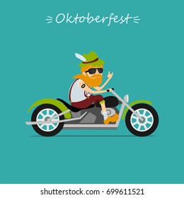 Oktoberfest beer festival. Man in traditional bavarian costume  rides the motorcycle. inscription Oktoberfest. Vector illustration