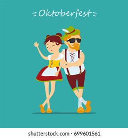 Oktoberfest beer festival. Man and woman in traditional bavarian costume . Inscription Happy Oktoberfest. Vector illustration 