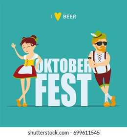 Oktoberfest beer festival. Man and woman in traditional bavarian costume. Inscription i like beer, inscription Oktoberfest. Vector illustration 