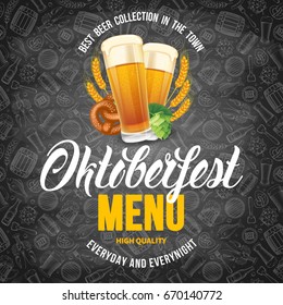 Oktoberfest beer festival menu template with different objects related with beer. Chalkboard design with hand drawn doodle pattern. Vector illustration. 