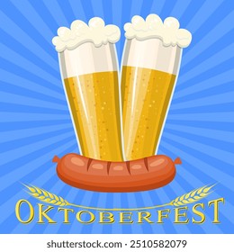 Oktoberfest beer festival, beer mug glass with foam filled to the brim,octoberfest pubs. Vector illustration in flat style