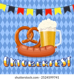 Oktoberfest beer festival, beer mug glass with foam filled to the brim,octoberfest pubs. Vector illustration in flat style