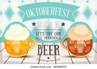 Oktoberfest Beer Festival - Beer Mugs with Foam on Wooden Table. Vector Illustration.