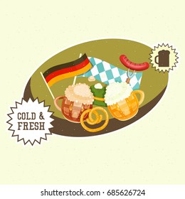 Oktoberfest Beer Festival - Beer Mugs with Foam, Sausage, Pretzel on Retro Background. Vintage Poster. Vector Illustration.