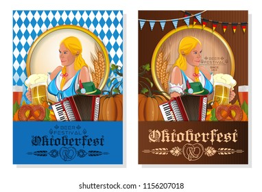 Oktoberfest beer festival. Poster design set with beautiful girl for Oktoberfest. Vector illustration