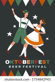 Oktoberfest Beer Festival poster design with a happy couple in traditional Bavarian clothes dancing under bunting above text, colored vector illustration