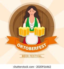 Oktoberfest Beer Festival Poster Design With Germany Young Woman Holding Drink Mugs On Wooden And Peach Rays Background.
